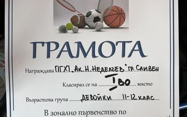 Победа на отбора по бадминтон на гимназията в зоналния  кръг на ученическите игри. Поздравления и напред !